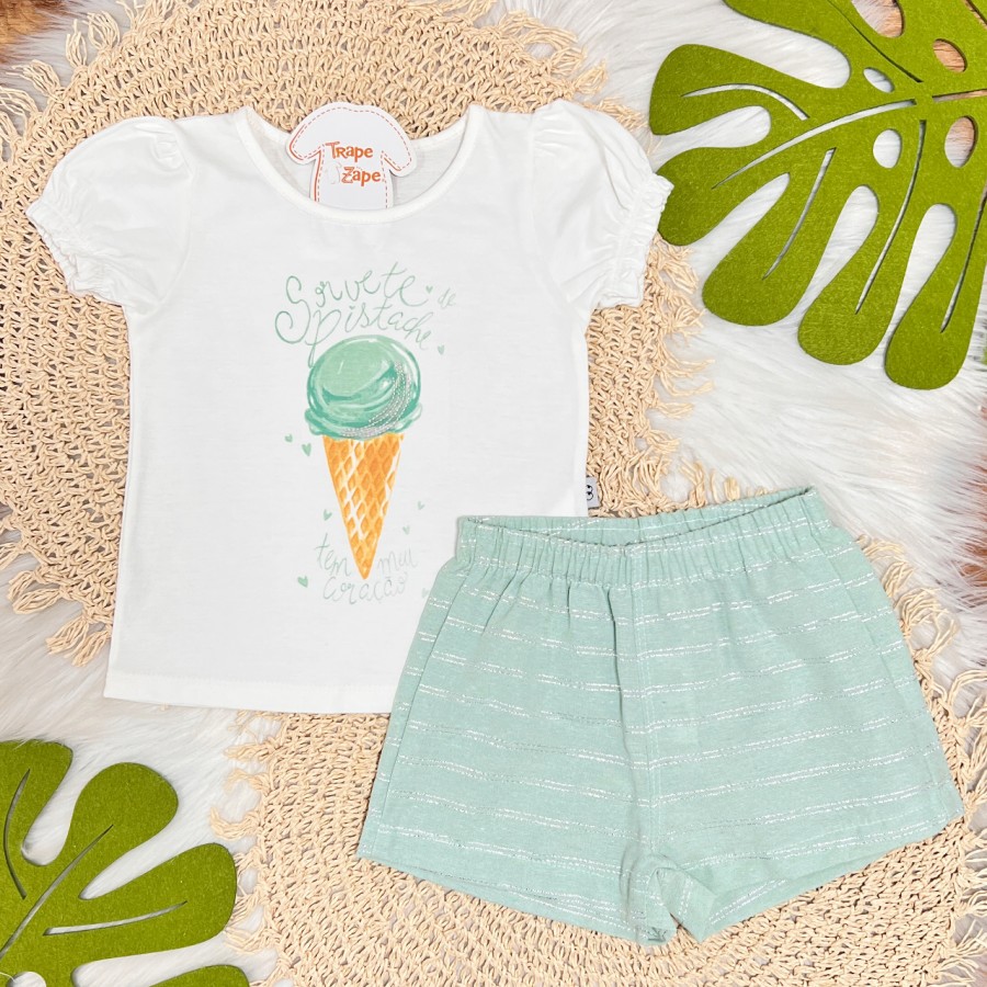 Conj. Blusa Sorvete de Pistache e Short - Off White e Verde